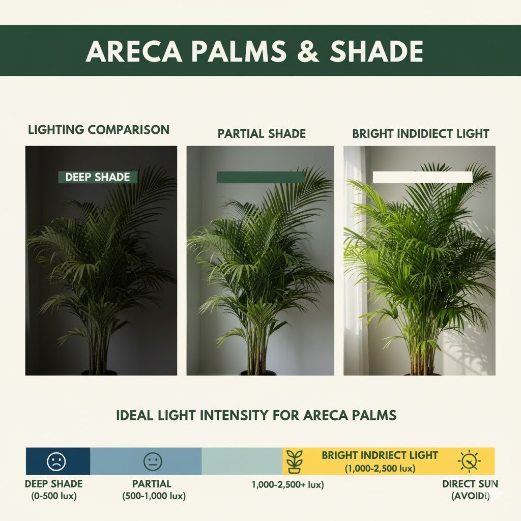 Lighting comparison for Areca palms showing their appearance in deep shade, partial shade, and bright indirect light, with an illustrated chart indicating ideal lux light intensity levels for healthy growth.