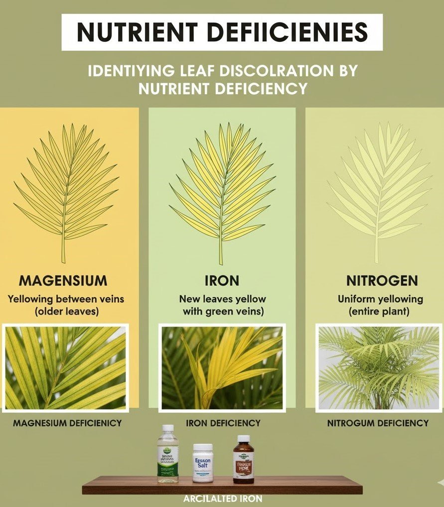 Infographic showing three types of Areca palm nutrient deficiencies: Magnesium (yellowing between veins), Iron (yellow new leaves with green veins), and Nitrogen (uniform yellowing of the entire plant).