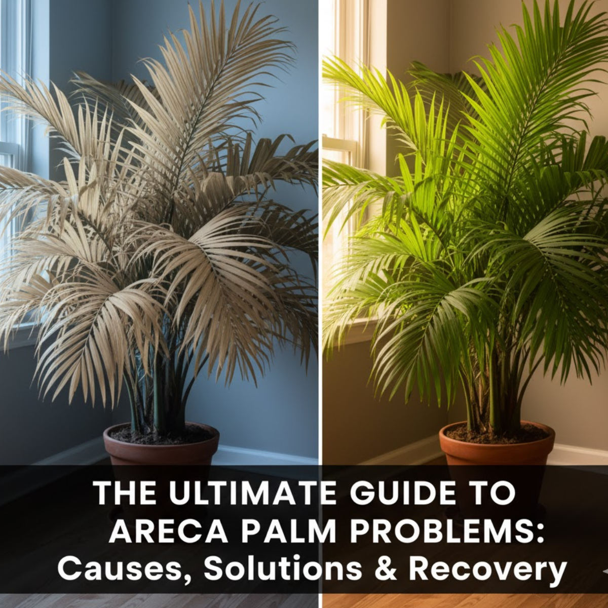 Hero banner showing a split comparison of a yellowing, unhealthy Areca palm (before) and a vibrant, healthy Areca palm (after), with overlay text: "The Ultimate Guide to Areca Palm Problems: Causes, Solutions & Recovery.