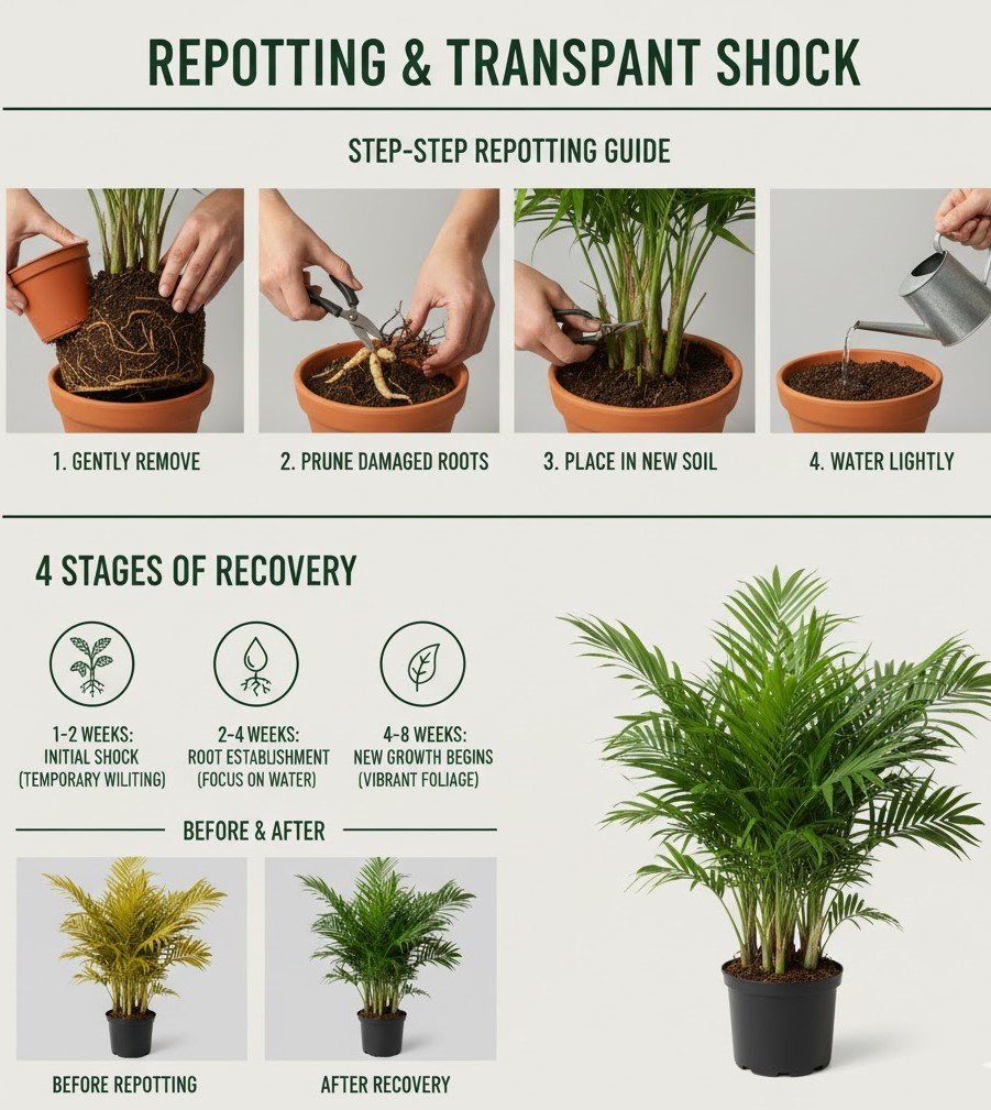 Step-by-step guide for repotting an Areca palm, showing root pruning and new soil, with an infographic on 4 stages of transplant shock recovery and a before-and-after image of a recovered palm.