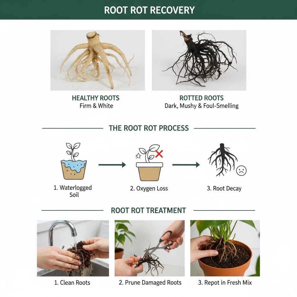 Visual guide to Areca palm root rot recovery, featuring a comparison of healthy white roots vs. dark rotted roots, an illustration of the root rot process, and a photo sequence for cleaning, pruning, and repotting damaged roots.