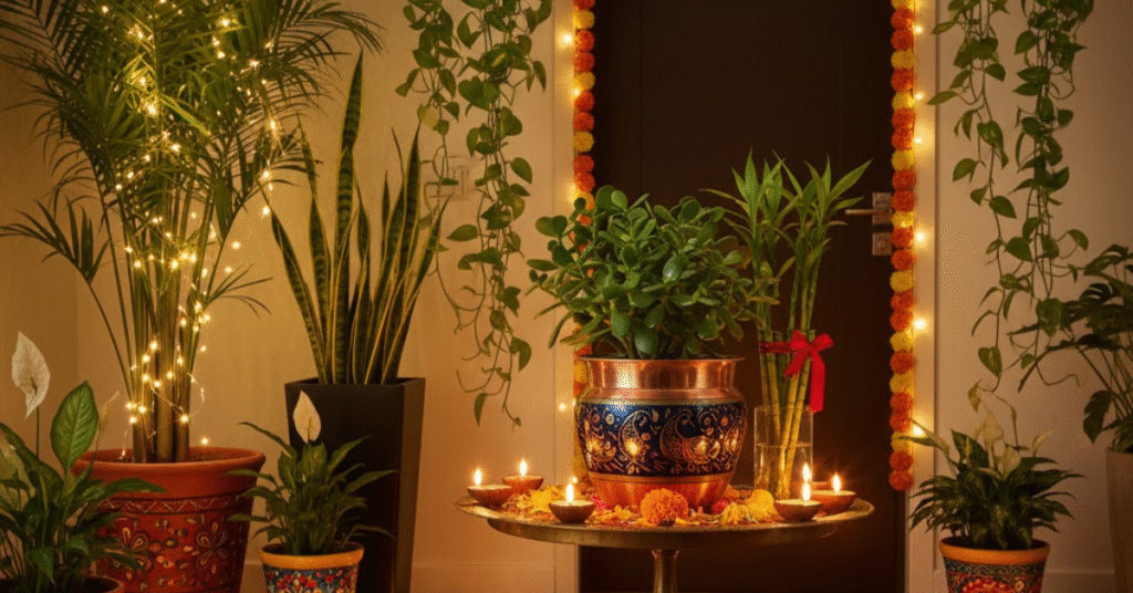 Diwali decoration featuring indoor plants, traditional diyas, and a colorful floral rangoli, enhancing a home entrance with festive lights and auspicious greenery.