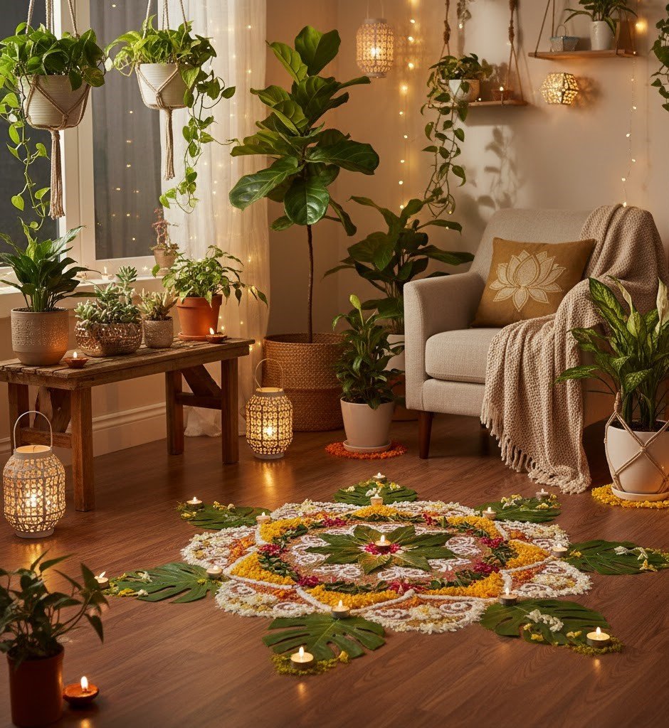 Green Diwali celebration with an intricate floral rangoli, indoor plants like a fiddle leaf fig and snake plant, soft string lights, and glowing diyas in a beautifully decorated living room.
