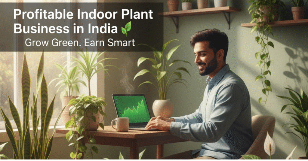 Profitable Indoor Plant Business in India: Young Indian entrepreneur working on a laptop with growth charts in a lush, plant-filled home office, symbolizing success.