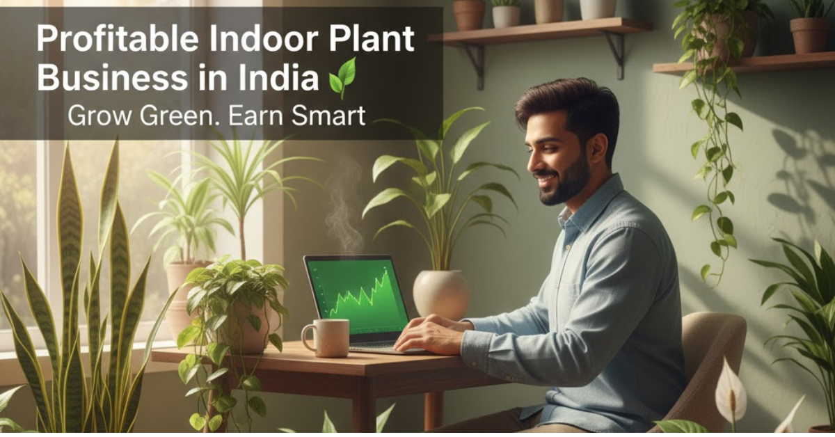 Profitable Indoor Plant Business in India: Young Indian entrepreneur working on a laptop with growth charts in a lush, plant-filled home office, symbolizing success.