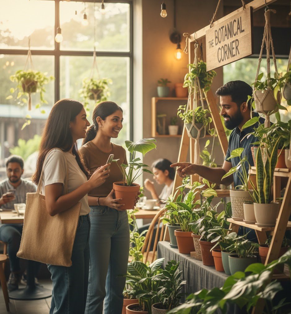 Indian Millennials Shopping for Plants: Two women at "The Botanical Corner" boutique in a café pop-up, buying potted indoor plants and engaging with a vendor.