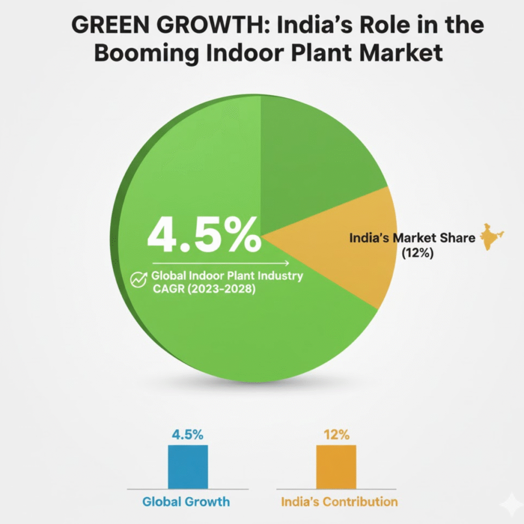 Pie chart and bar graph showing the global indoor plant industry's 4.5% CAGR and India's 12% market share/contribution.