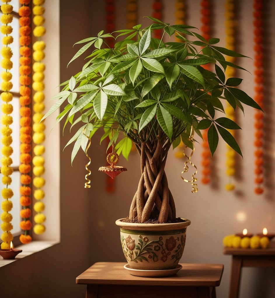 A Money Tree indoor plant decorated for an eco-friendly Diwali, symbolizing prosperity and abundance with warm festive lighting and marigold garlands in the background.