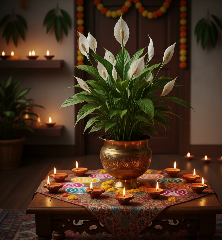 A vibrant Peace Lily plant in a decorative brass pot, surrounded by lit clay diyas and colorful rangoli designs on a table for a traditional Diwali celebration.