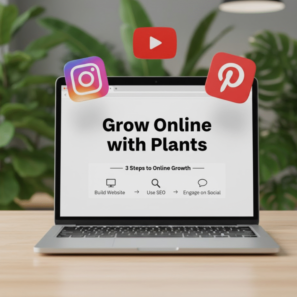 Digital Marketing for Plant Business: Laptop with "Grow Online with Plants" showing the 3-step strategy: Build Website, Use SEO, and Engage on Social Media (Instagram, YouTube, Pinterest).