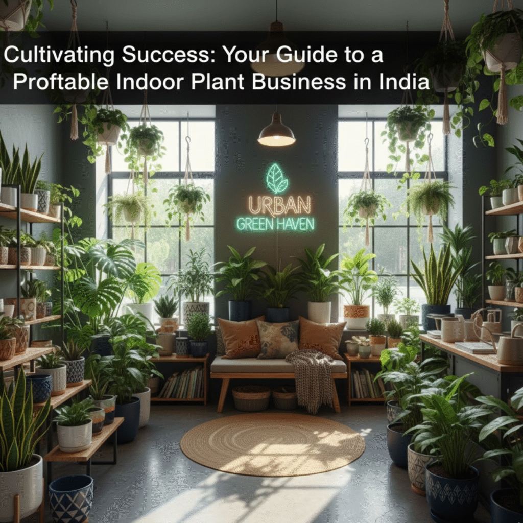 Profitable Indoor Plant Business in India: Modern store interior of "Urban Green Haven" showcasing stylish pots and bright greenery for a business guide.