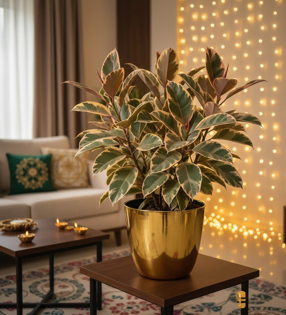 A vibrant variegated rubber plant in a reflective golden pot stands on a wooden table in a modern Indian living room, softly illuminated by glowing fairy lights and traditional Diwali diyas.